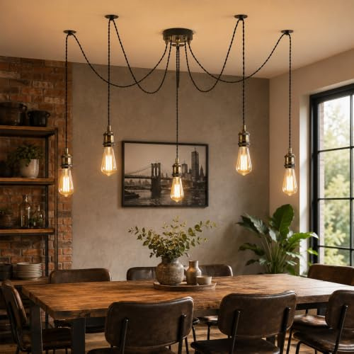 Kairui Lighting Industrial 5-Light Spider Pendant Light with Adjustable Braided Black Cable and E27 Sockets Ceiling Light for Kitchen Island Dining Room Bedroom (Bulbs Included)