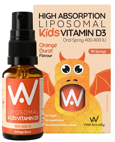 WELL ACTUALLY Kids Liposomal Vitamin D3 Spray 400 IU, 15ml, 90 Sprays | Vegan Vit D Spray for Children, Immune System, Bones & Teeth Support, High Bioavailability Supplement, Orange Burst Flavour