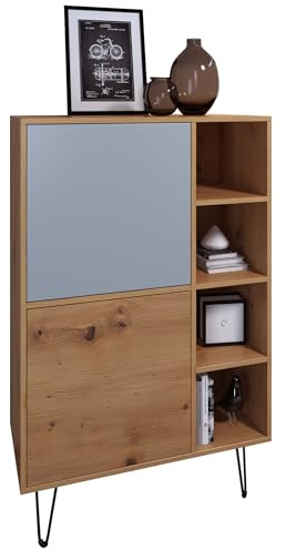 Vladon Highboard Havana V1, Schrank mit 2 Türen und 4 offene Fächer, Kommode Made in Germany, Eiche Evoke/Denim matt (124 x 79 x 35 cm)