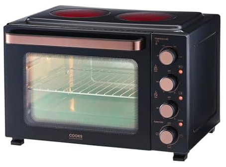 Cooks Professional Mini Portable Oven with Ceramic Hobs | Energy Efficient Electric Countertop Cooker with Two Hot Plates & Wire Rack Baking Tray | Kitchen Grill Ovens | 34L Capacity | Black & Copper