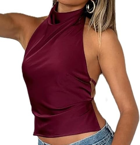 BABWWNIX Women Halter Backless Tank Top Silk Satin Going Out Mock Neck Crop Camisole Shirt Sexy Summer Open Back Y2k Vest Top