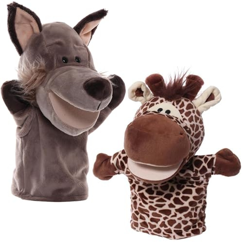 Handpuppen Tiere Wolf & Hirsch für Kinder Erwachsene, Plüschtiere Mund Kann Sich öFfnen, 2Pcs Hand Puppet, 2 Stück