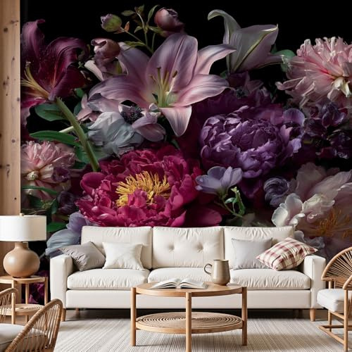 Vlies Tapete Dunkle Blumen, Vlies Fototapete Lilie Pfingstrose, Vintage Blumenmuster Fototapeten Wohnzimmer Schlafzimmer Art Wandtapete Wanddekoration Moderne Tapete Mustertapete 350x256 cm