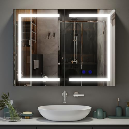 Luxstein Bathroom Mirror Cabinet with LED Lights, Touch Control, 3 Colour Dimmable Illuminated Mirror, Demister Pad & Shaver Socket (60L x 80W cm)