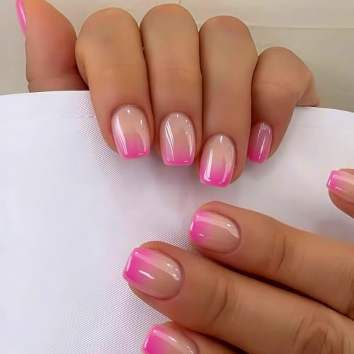 SXVME Chrome Press On Nails Short Square, 30 Pcs Glazed Ombre Hot Pink False Nails Short with Mirror Finish, Sparkly Nude French Fake Nails Press on, Soft Gel Stick on Nail for Women Cute Manicure