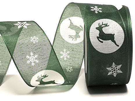 Schleifenband 20m x 40mm Rentier Hirsch Grün - Weiß Weihnachtsband Dekoband