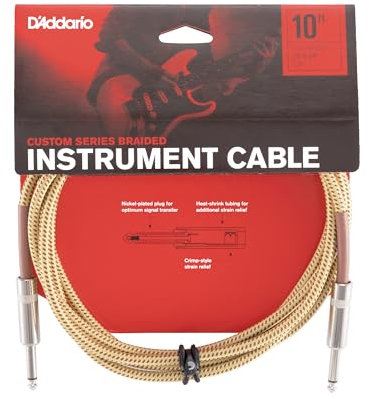 D’Addario Accessories Custom Series Braided Guitar Cable - Instrument Cable with Nickel Plated ¼ Inch Ends - Protects Guitar Cord Against Cuts, Kinking - 10 feet - Tweed