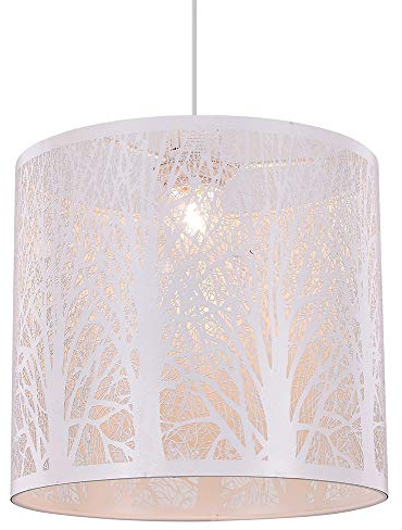 Unique and Beautiful Matt White Metal Forest Design Ceiling Pendant Shade When Lit the Light Escapes Through the Gaps and Casts the Forest Against the Walls and Ceiling by Happy Homewares