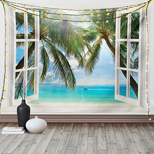 ABAKUHAUS Tropisch Wandteppich und Tagesdecke, Fenster zum exotischen Strand aus Weiches Mikrofaser Stoff Waschbar ohne Verblassen Digitaldruck, 230 x 140 cm, Braun Aqua