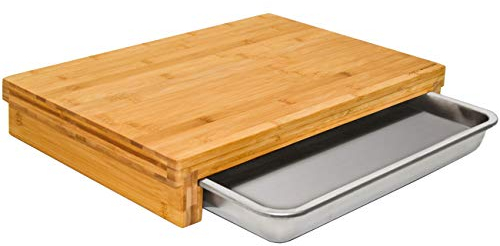 DuneDesign XL Planche à Découper Bambou avec Tiroir - 51x37 - Cube en Bois Bamboo avec Réservoir INOX