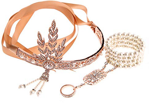 AMDXD Damen 20er Jahre Zubehörset Flapper Kostüm-Set Zirkonia Perle Blatt Stirnband, Perlenarmband Ringe 1920er Jahre Halloween KostümZubehör Rose Gold