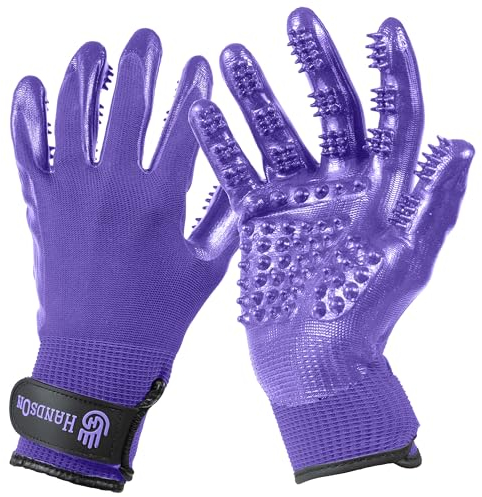 H HANDSON Fellpflege-Handschuhe für Haustiere, patentiert, Nr. 1, preisgekrönte Handschuhe zum Ausfallen, Baden und Haarentferner, sanfte Bürste für Katzen, Hunde und Pferde (Mono-Violett, klein)