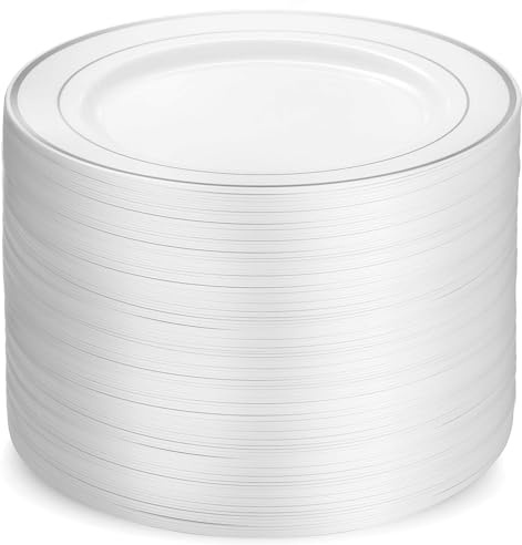 100 Silver Rim Plastic Plates Set 10 Inch White Elegant Party Dinner Plates