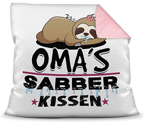 PR Print Royal Kuschel-Kissen inkl. Füllung mit Spruch für Oma - Omas Sabber-Kissen - Witziges Muttertagsgeschenk/Geschenk-Idee für Mütter/Muttertag Geburtstag - Farbkissen Rückseite Rosa