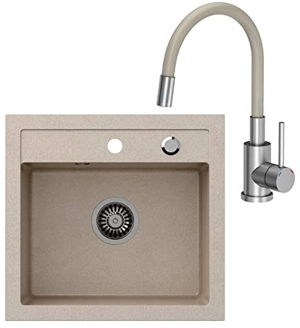 VBChome - Set Lavello da Cucina in Granito 50 x 47 cm Beige + Miscelatore Cucina con Doccetta Flessibile | Resistente ai Graffi e al Calore | Completo di Scarico e Accessori