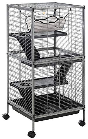 PawHut Gabbia in Acciaio per Roditori, Criceti e Cincillà con 3 Piani, 4 Ruote, Amaca e Vassoio Rimovibile 52 x 52 x 113.5cm