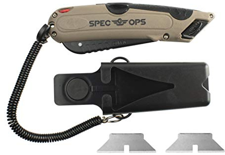 Spec Ops Tools Safety Knife Box Cutter, Includes Holster & Lanyard, 3% Donated to Veterans, Black/tan