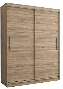E-MEUBLES Kleiderschrank Schwebetürenschrank 2-türig Schrank mit vielen Einlegeböden und Kleiderstange Schiebetürenschrank Gaderobe Schiebtüren BxHxT 150x200x61 - Lara 06 (Sonoma)