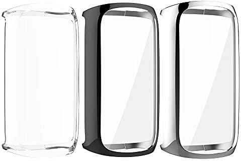 Schutzhülle kompatibel für Fitbit Luxe Fitness- und Wellness-Tracker, weiches TPU, kratzfeste Abdeckung, Schutz (transparent + schwarz + silber (3 Stück)