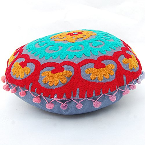 Traditional Jaipur Runde Kissen Dekokissen, Pom Pom Kissenbezug, Dekoratives Besticktes Kissen (1)