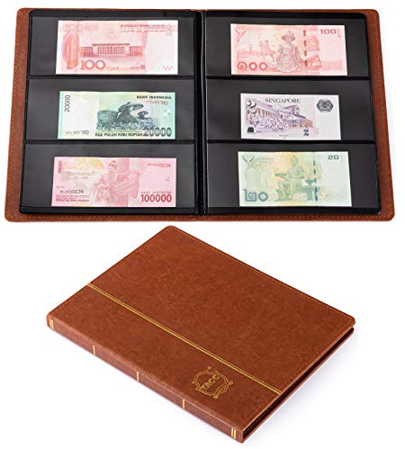 Ettonsun Geldscheinhalter aus Leder mit 60 Fächern für Sammler, Papier, Geldalbum, Währungssammlung, Zubehör, Buch, Reisen, Banknoten, Briefmarken, Sammelmappe für Papier-Souvenirs (braun)