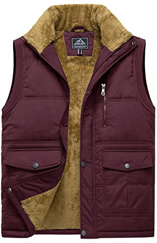 TACVASEN Mens Fleece Gilet Winter Puffer Jackets Sleeveless Body Warmer Winer Outerwear Windproof Camping with Pockets Wine Red XL
