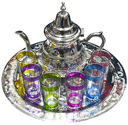 Service à thé marocain complet à utiliser tous les jours : théière d'un litre + plateau 35 cm + 6 verres en verre colorés