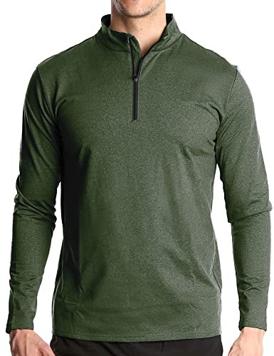 Men's Spring Autumn 1/4 Zip Sports Long Sleeve T Shirt Casual Gym Jogging Quick-Dry Polo Shirts Outdoor Warm Hiking Fishing Pullover Green XL
