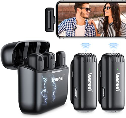 Leereel 2er-Pack Lavalier-Mikrofone Wireless für iPhone, Plug & Play Ansteckmikrofon kabellos mit Ladehülle für Interview, Videoaufnahme, Live-Stream, Keine App und Bluetooth erforderlich