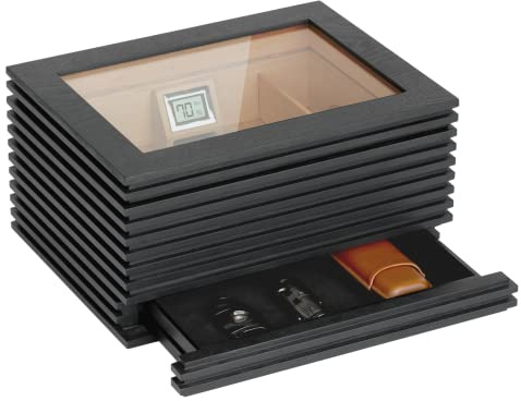 CASE ELEGANCE Kobi Modern Glass Top Humidor, Dark Gray Wood Slat Design, Digital Hygrometer, Spanish Cedar, Humidor Solution, Hydro System, and Hidden Accessory Drawer - Holds (50-80 Cigars)