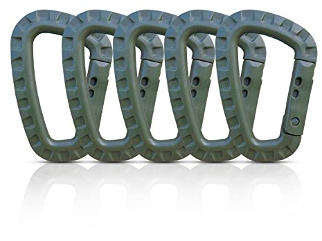 Holesto® Karabiner Kunststoff - Karabinerhaken Plastik - Karabiner taktisch Schwarz - Kunststoff Karabiner Set - Karabinerhaken groß - Molle D-Form - Outdoor ABS Karabiner - 5 Stück (Grün)