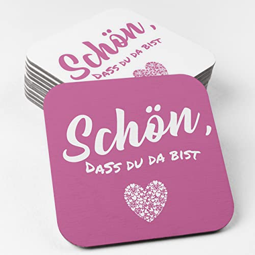 Schön DASS Du da bist Bierdeckel aus Pappe I Eckige Tischdeko Pink (50 Stück) Deko aus umweltfreundlicher Holzschliffpappe (9,3cm x 9,3cm)