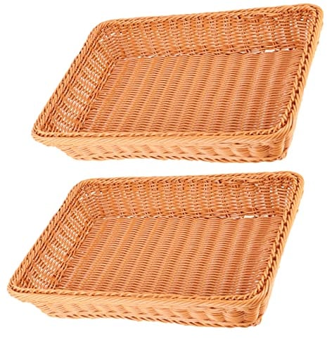 ZEONHAK 2 Pack 40cm Tabletop Food Serving Baskets, Poly Wicker Bread Baskets, Handmade Woven Pantry Organizer for Vegetables, Fruits, Snacks