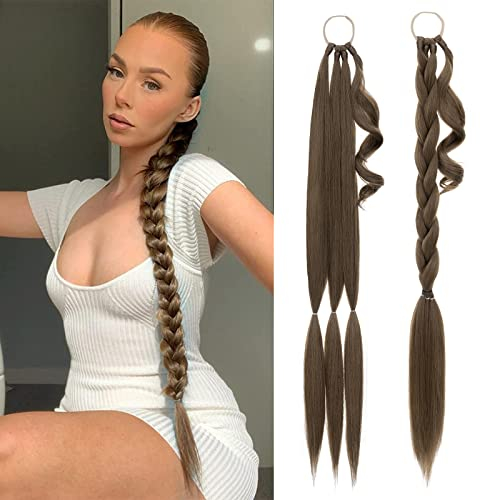 MY-LADY Braid Extensions DIY Braid Ponytail Zopf Pferdeschwanz Verlängerung mit Haargummi Kunsthaar haar Zöpfe Haarverlängerungen Zum Einflechten Lang Ponytail 86CM Schokoladenbraun Mix Aschblond