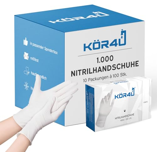 kör4u 1000 guanti in nitrile, senza polvere, senza lattice, usa e getta, guanti monouso (bianco, L)