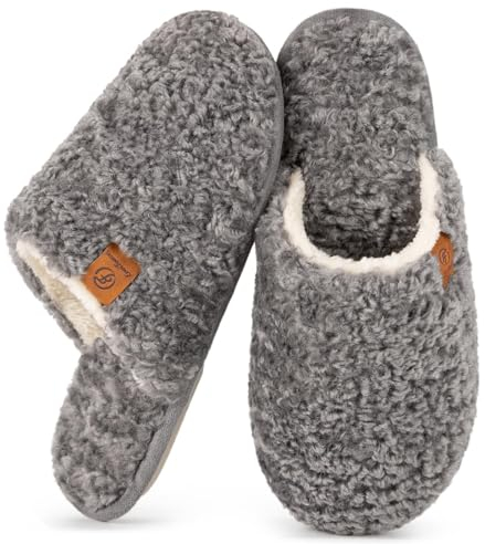EverFoams Damen Scuff Hausschuhe Gemütlich Weiches Flauschiges Kunstalpaka Memoryschaum Leichte Rutschfeste Pantoffeln Grau, 40-41 EU