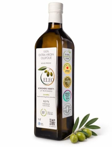 ELEO Olympia - Huile d’Olive 1L Bouteille Extra Viege - Pressée à Froid - 100% Olives Grecques Koroneiki - Qualité Supérieure - Riche en Antioxydants - Lauréat de Médailles Internationales