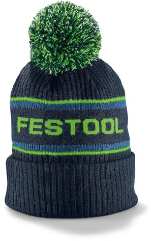 Festool Bommelmütze WINH-FT1 – Strickmütze mit Bommel & eingestricktem Logo | Offizielles Festool Merchandise – Strickmütze in Dunkelblau mit Merinowolle-Anteil und farbigem Bommel