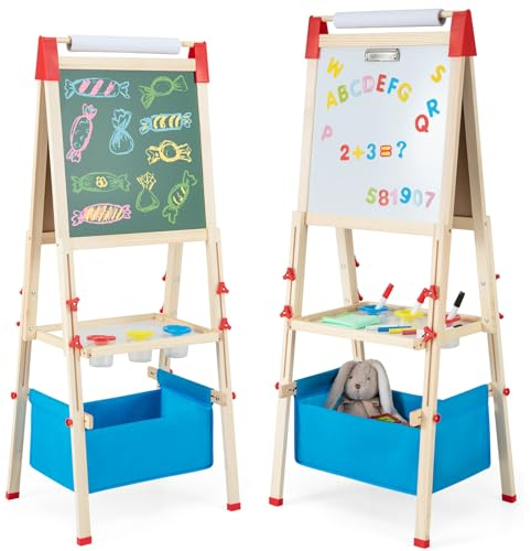 COSTWAY 3 in 1 Kinder Staffelei höhenverstellbar, Kindertafel doppelseitig, Whiteboard & Kreidetafel & Zeichenpapier mit Buchstaben, Zahlen, Kreiden & Farbstift, Standtafel mit Aufbewahungsbox