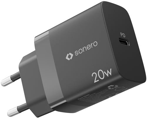 sonero Cargador USB-C, 1x Puerto USB-C de 20 vatios, Cargador rápido, Fuente de alimentación USB, Cargador de móvil con detección automática de Corriente de Carga, Negro