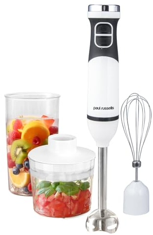 Paul Russells Stainless Steel Hand Blender 3 in 1 Stick Blender with 600W Power, 2-Speed Control, Turbo Function, Low Noise, Detachable Parts Includes Chopper Cup, Whisk, 500ml Measuring Cup with Lid