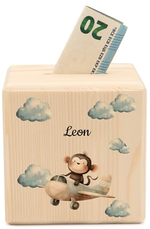 Geschenkfreude Spardose personalisiert mit Namen aus Holz - 10x10cm Holzspardose mit Schloss - UV-Druck Spardosen mit Namen - Taufgeschenke für Junge/Mädchen - Geschenk zur Geburt - AFFE Flugzeug