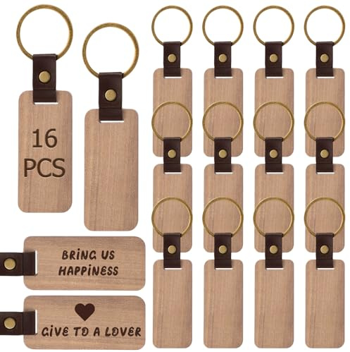 WIYETY 16 Stück Holz Schlüsselanhänger: Rechteckige Holz Keychain Blanko für Malerei, Dekoration und Geschenke