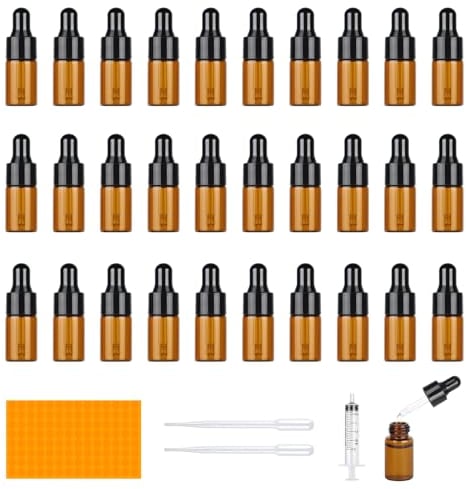 Furuising 30Pcs Mini Dropper Bottle, 3ml Lab Dropping Bottles, Refillable Pipette Dropper Bottle, Empty Glass Dropper Bottles with 2 Droppers, 1 Syringe for Essential Oils Perfume Cosmetic Liquid