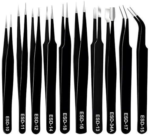 10 Stück ESD Pinzetten Kit, Präzisions Anti Statik Pinzette Set, Modellbau Pinzette, Unmagnetischer Edelstahl Pinzette, Industrie ESD Pinzetten für Elektronische Reparaturen Präzisionsarbeit