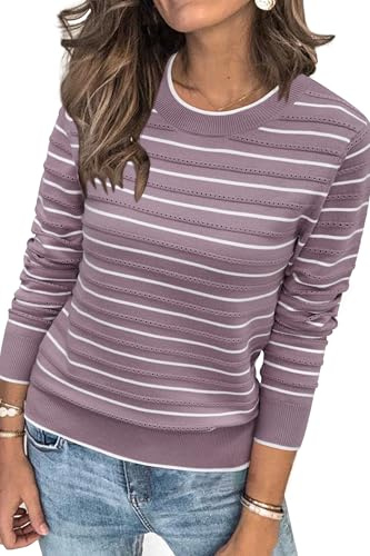 Arach&Cloz Maglione da donna lavorato a maglia a maniche lunghe pullover top alla moda elegante casual business vestiti primaverili vestito moda 2025, A righe Viola Bianco, S