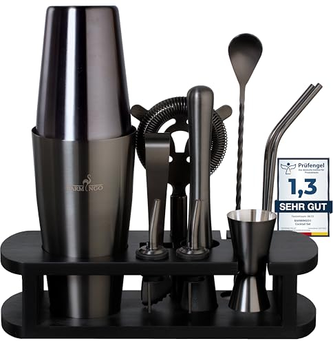 BARMINGO Boston Shaker Cocktail Kit | 11 Pièces, Volume de 825 ML, Noir Métallisé | Shaker Cocktail INOX avec Support et Accessoires de Bar |Set Barman Cocktail Shaker |Kit Cocktail Professionnel