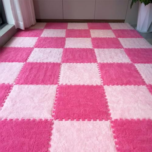 12Pcs/24Pcs 12x12x0.4inch EVA Plush Floor Tiles Mat, Thickened Warm Interlocking Puzzle Area Rug, Crawling Mat Carpet for Home Office Nursery Gym Yoga (24Pcs,Pink and Rose)
