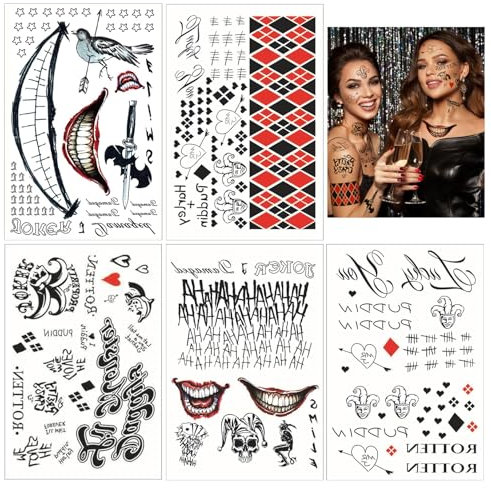 5 Hojas De Halloween Joker Tattoo, Joker Tatuajes Temporales, Tatuajes Joker Cara, Pegatinas Tatuajes Payasos, Halloween Tatuajes Temporales, Para Halloween, Cosplay Y Mascarada