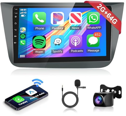 2G+64G Wireless Carplay Android 13 Autoradio 2 Din für Seat Altea 2004-2015 Toledo 2004-2009 9 Zoll Autoradio mit Android Auto Navi GPS WiFi Mirror Link Bluetooth FM/RDS Radio EQ SWC Rückfahrkamera